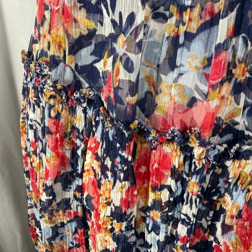 Sundance Floral Cupro Midi Dress Blue Red‎ Smocked Waist Short Sleeve Womens L